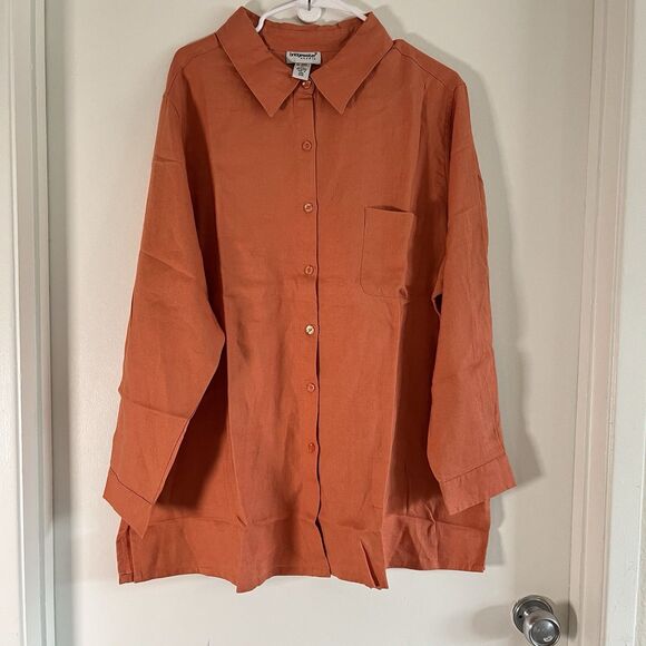 Bridgewater Studios 100% Linen Top Womens 2X Orange Shirt Button Up Long Sleeves - Picture 1 of 8